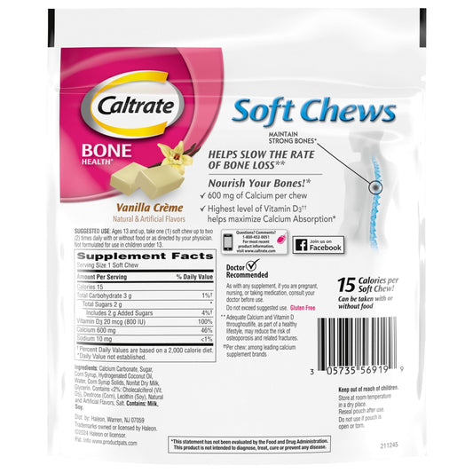 Packaging of Caltrate Vanilla Creme Soft Chews 60-count