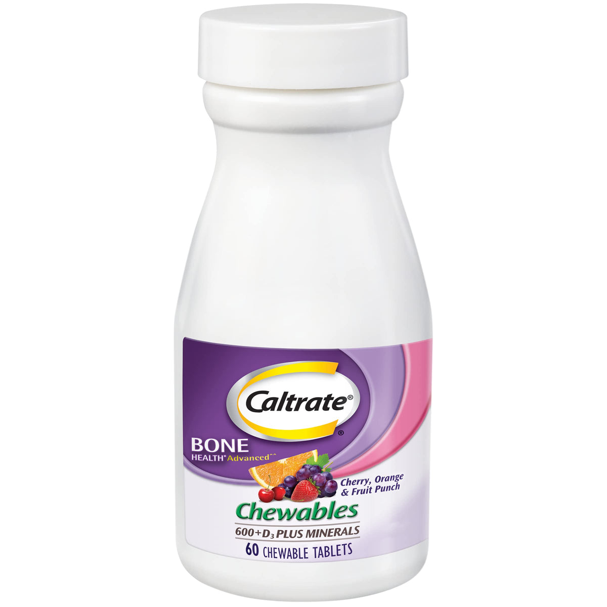 Caltrate Chewables 600 Plus D3 Plus Minerals bottle with Cherry, Orange and Fruit Punch flavors