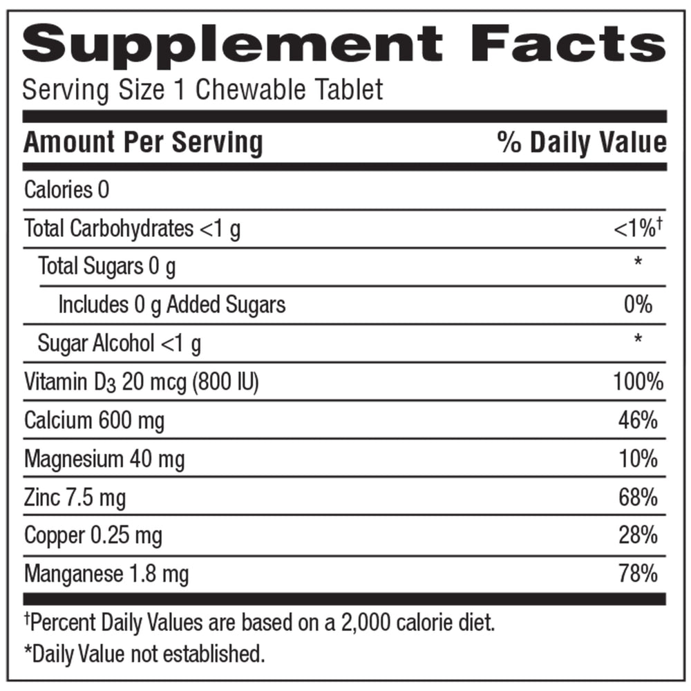Close-up of Caltrate chewables bottle showing 600 mg calcium per tablet and D3