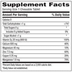 Close-up of Caltrate chewables bottle showing 600 mg calcium per tablet and D3