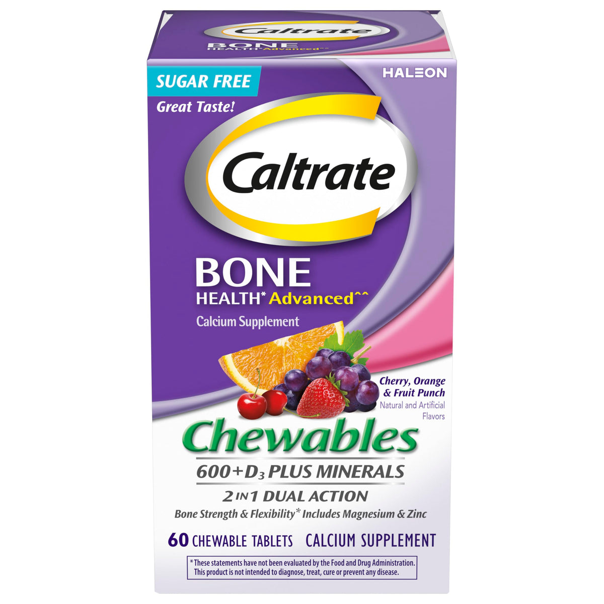 Front view of Caltrate Chewables 600+D3 Plus Minerals bottle
