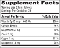 Caltrate Minis bottle back with D3 and minerals details