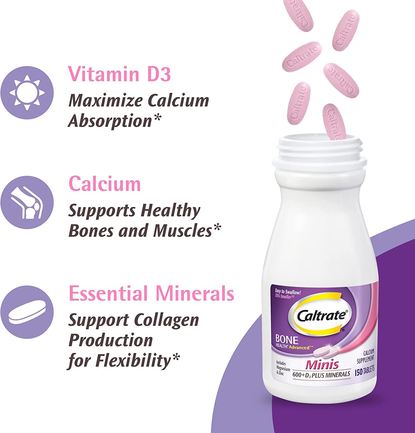 Label highlights calcium and vitamin D3 for absorption