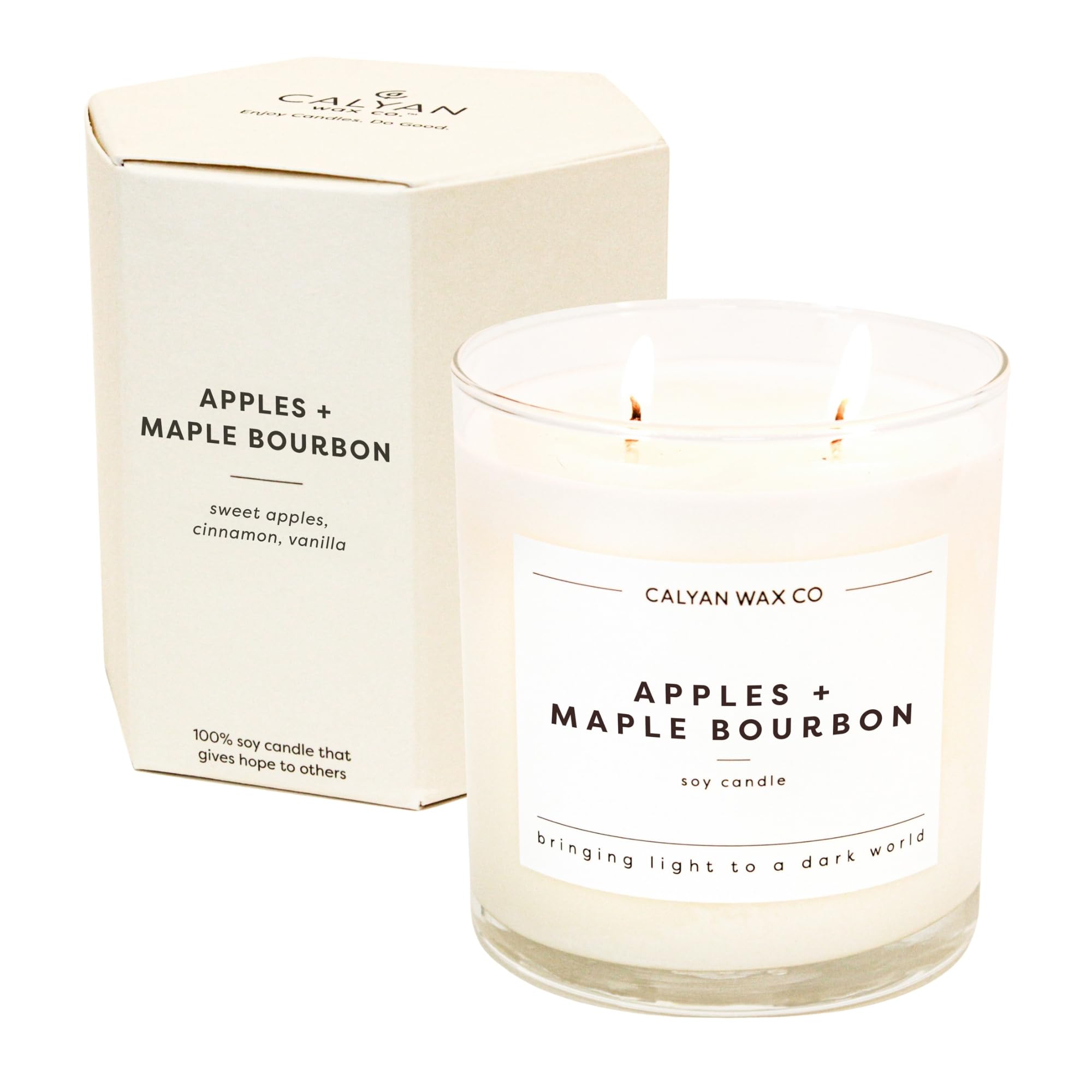 Calyan Wax Co. Apples & Maple Bourbon 2 Wick Candle in 8.8oz glass jar, front view