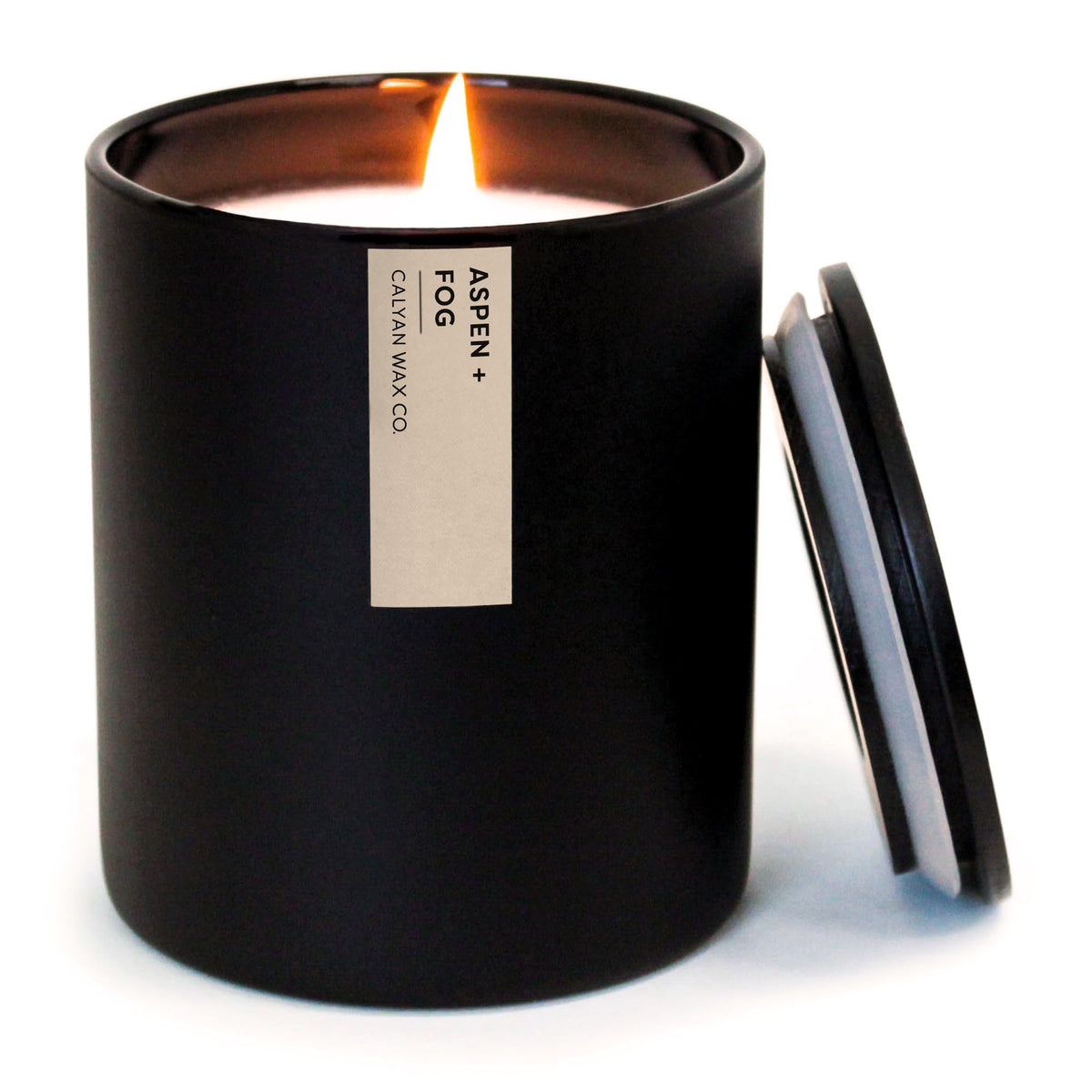 Front view of Calyan Wax Co. Aspen & Fog candle in a matte black 10.2oz tumbler.