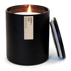 Front view of Calyan Wax Co. Aspen & Fog candle in a matte black 10.2oz tumbler.