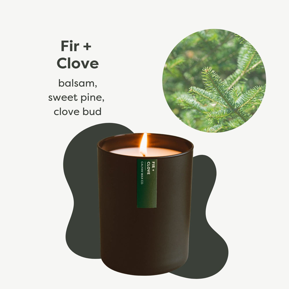 Close-up of Fir & Clove soy wax candle with cotton wick