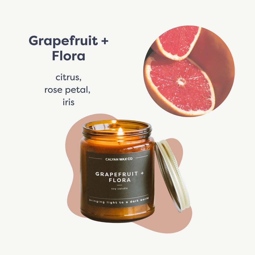 Close-up of grapefruit and geranium notes on the candle label