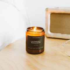 Gift-ready candle in amber jar with lavender scent