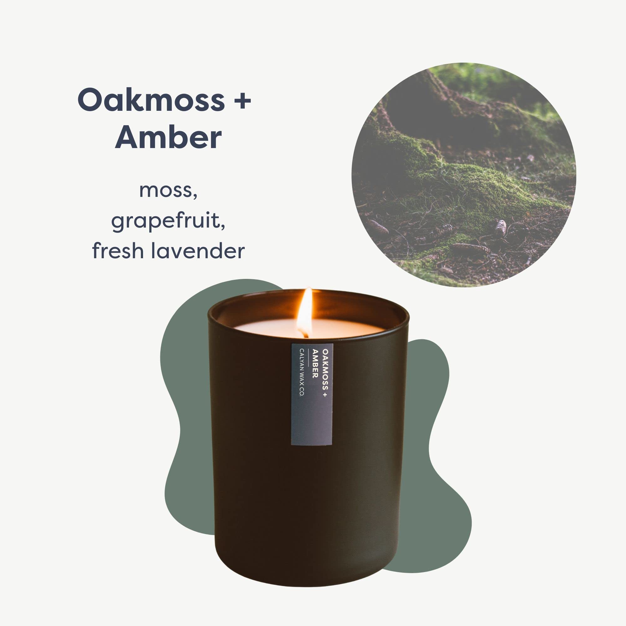 Close-up of the matte black tumbler jar with the Oakmoss & Amber candle