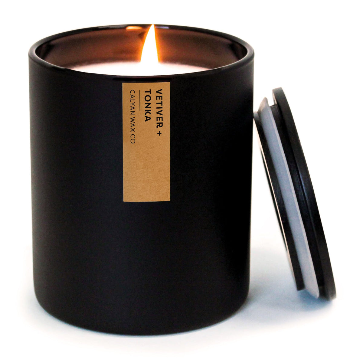 Vetiver & Tonka candle in matte black 10.2oz tumbler jar - front view