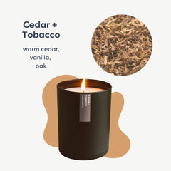 Calyan Wax Cedar & Tobacco candle in a black matte tumbler, side view