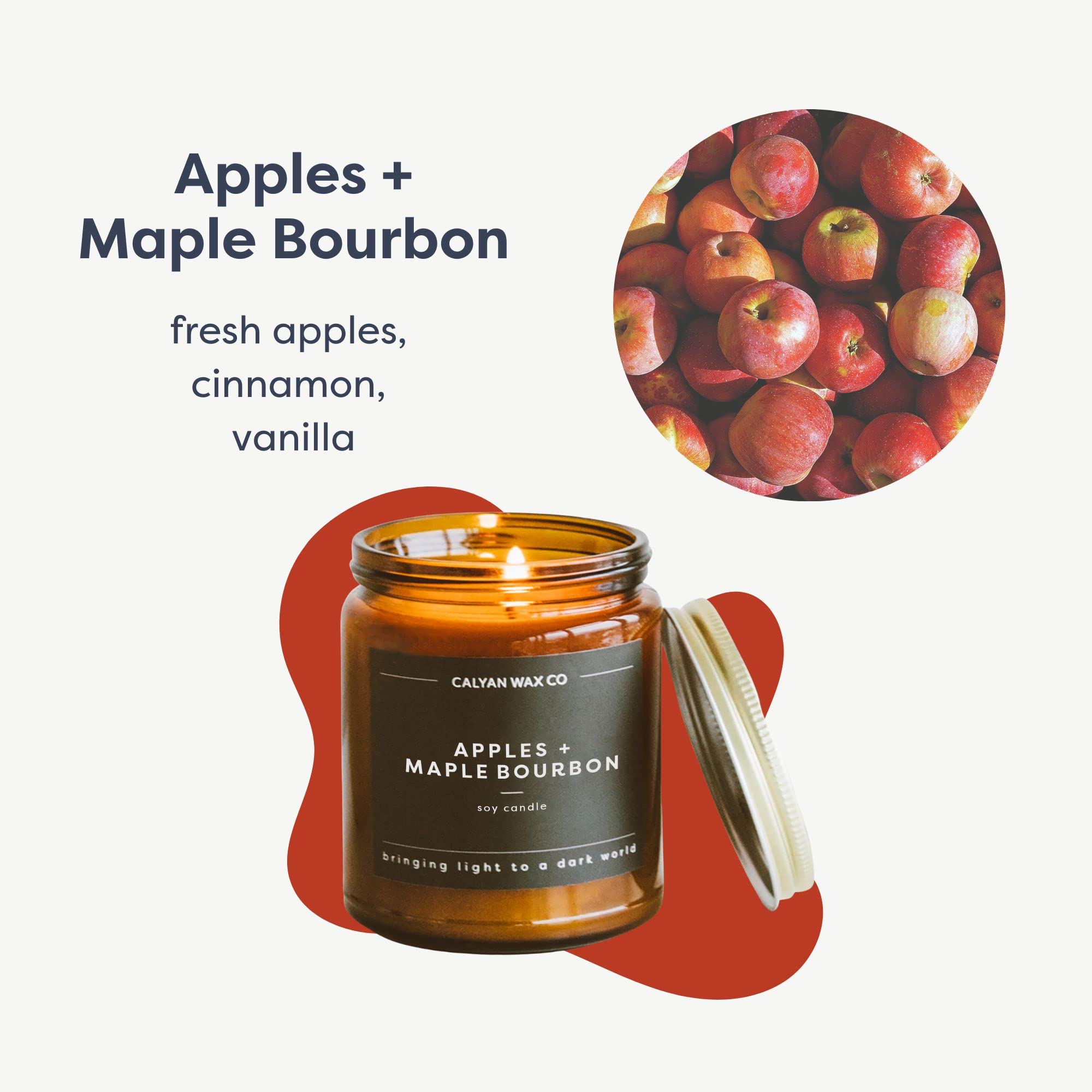 Amber glass jar candle by Calyan Wax Co. Apples & Maple Bourbon with label.
