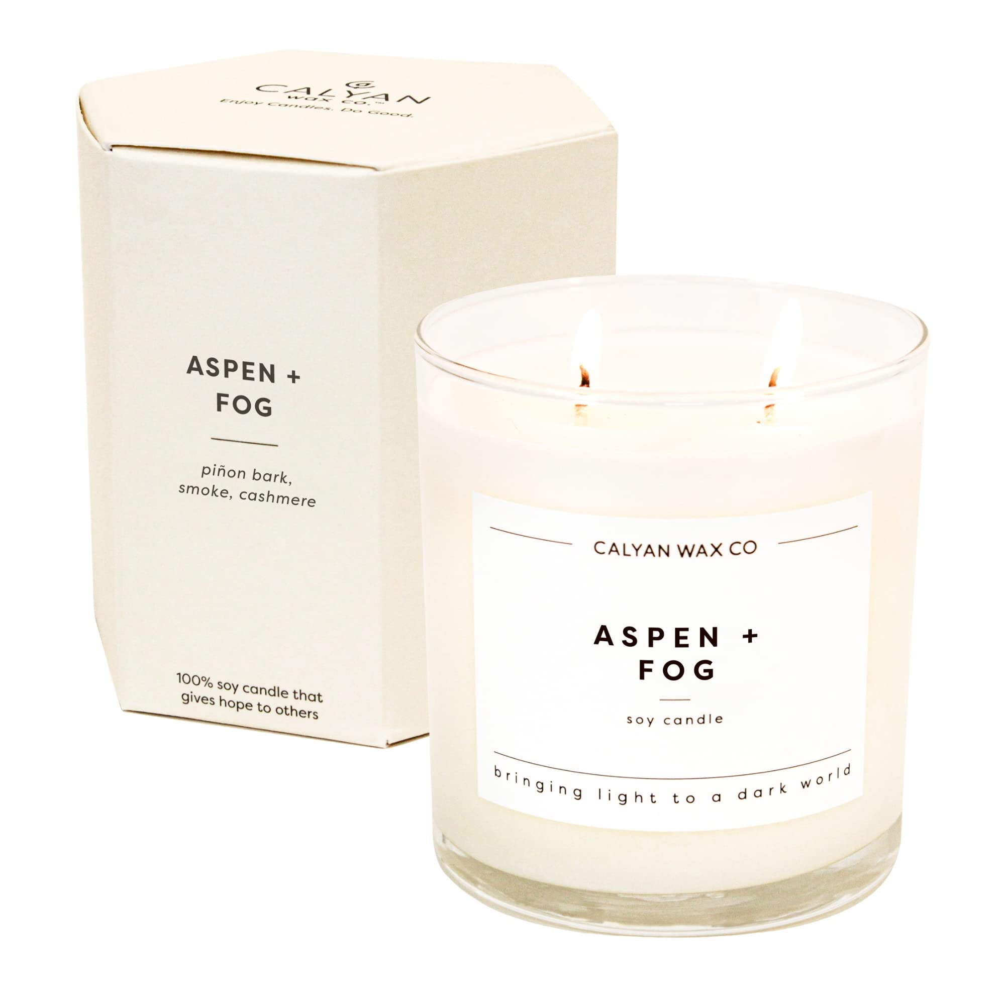 Calyan Wax Co. Aspen Fog 2-Wick Soy Candle in a clear glass jar
