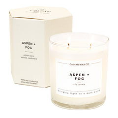 Calyan Wax Co. Aspen Fog 2-Wick Soy Candle in a clear glass jar