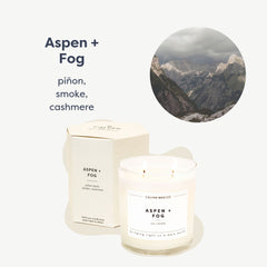 Close-up of the Aspen Fog label on the candle jar