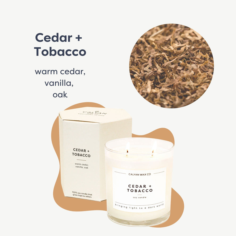 Lid off close-up of Cedar & Tobacco 2 Wick Candle
