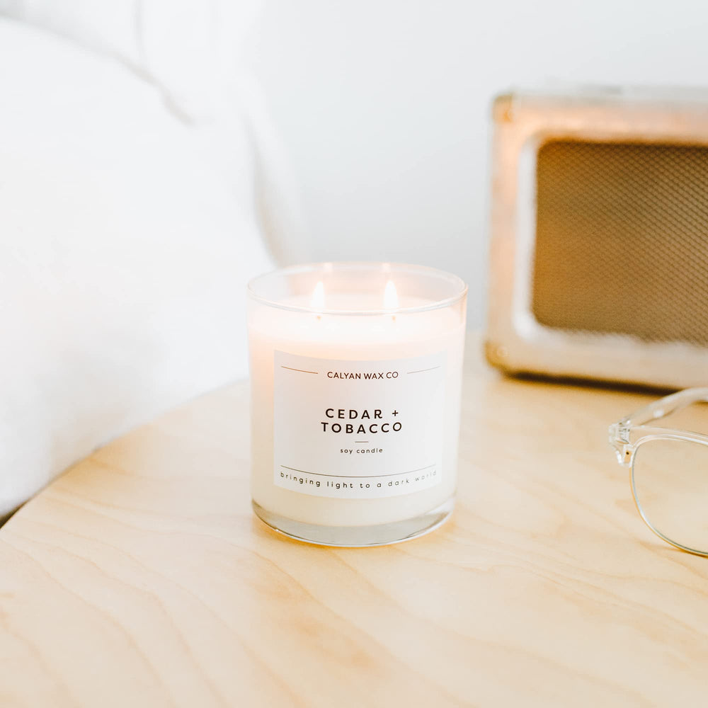 Large glass jar candle in cedar and tobacco scent