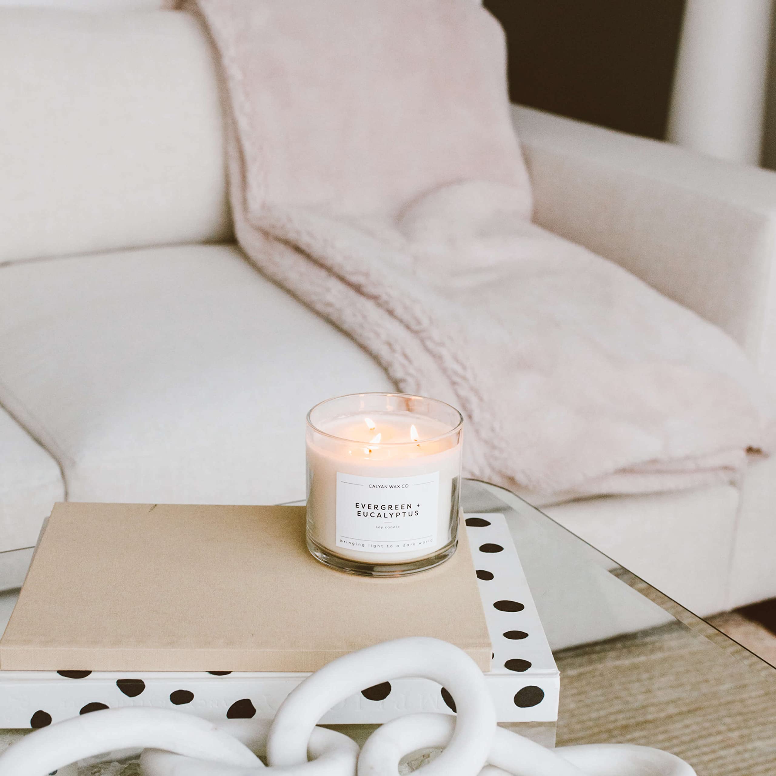 Close-up of candle label for Calyan Wax Co Evergreen Eucalyptus