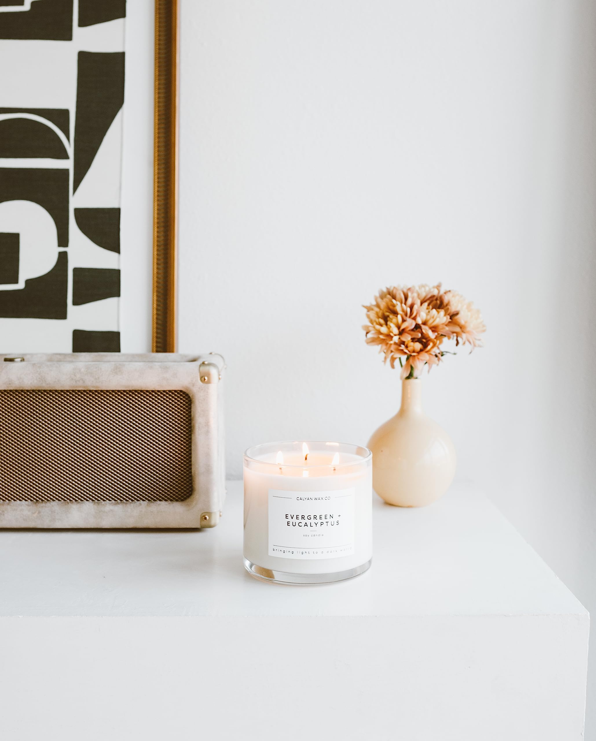Living room scene featuring the evergreen eucalyptus 3-wick candle