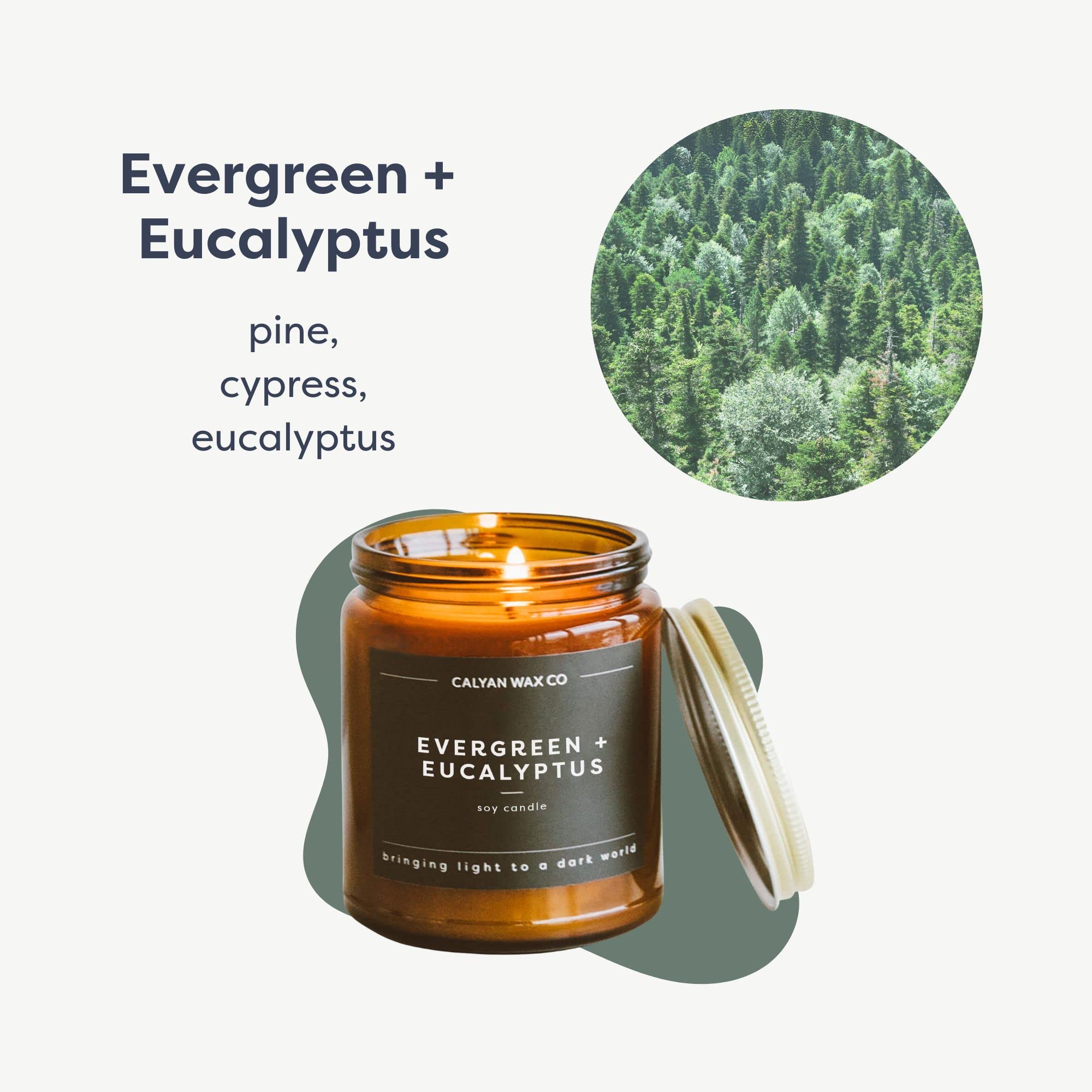 Amber glass jar candle with Evergreen & Eucalyptus label — close-up