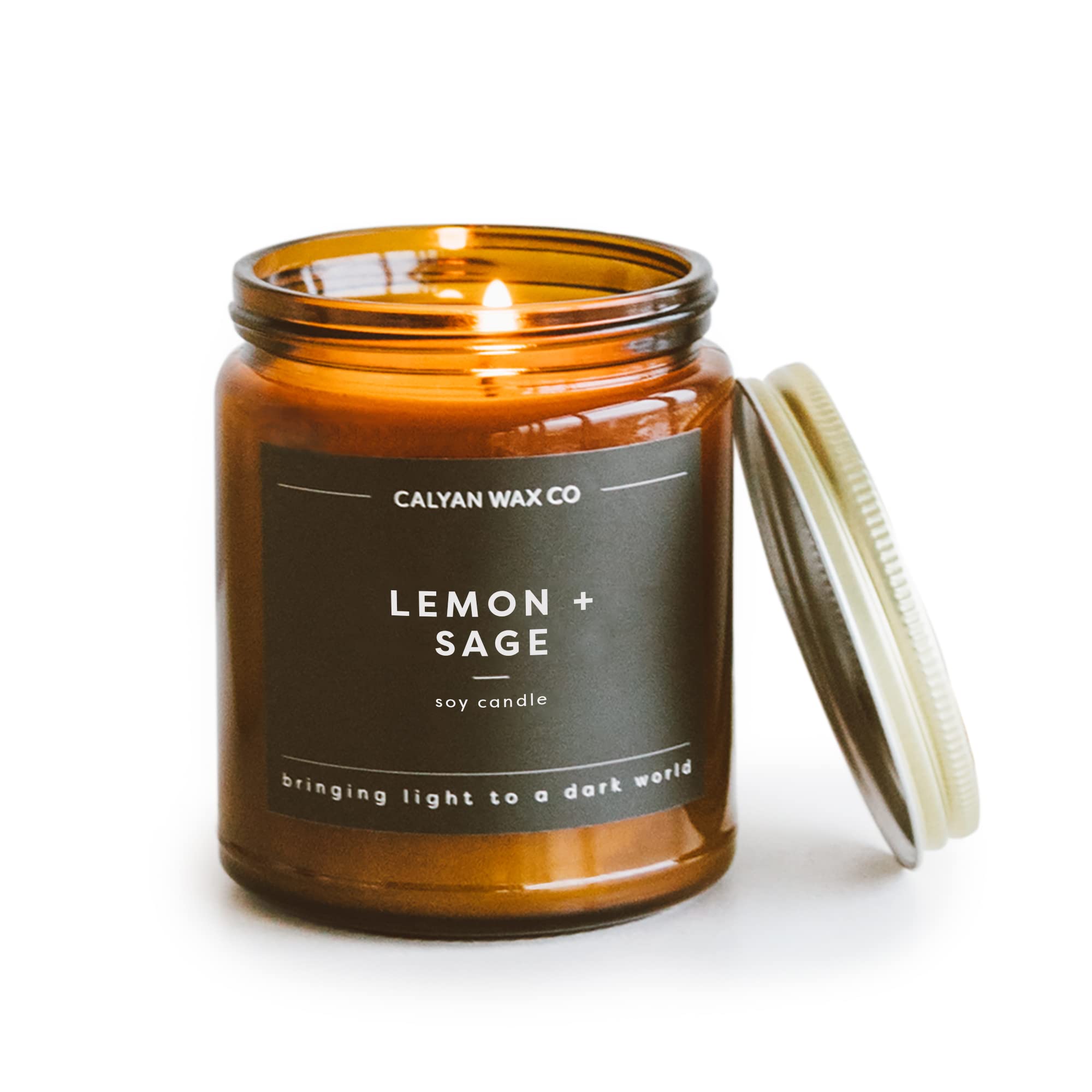 Calyan Wax Co Lemon & Sage candle in amber glass jar