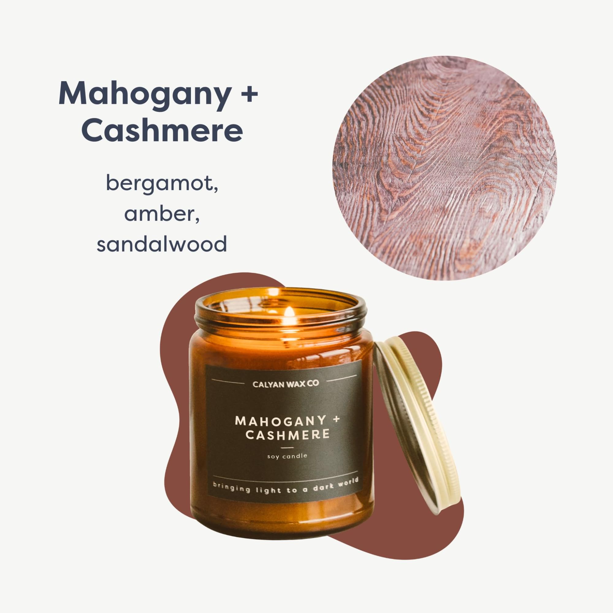 Close-up of Mahogany & Cashmere candle in amber jar