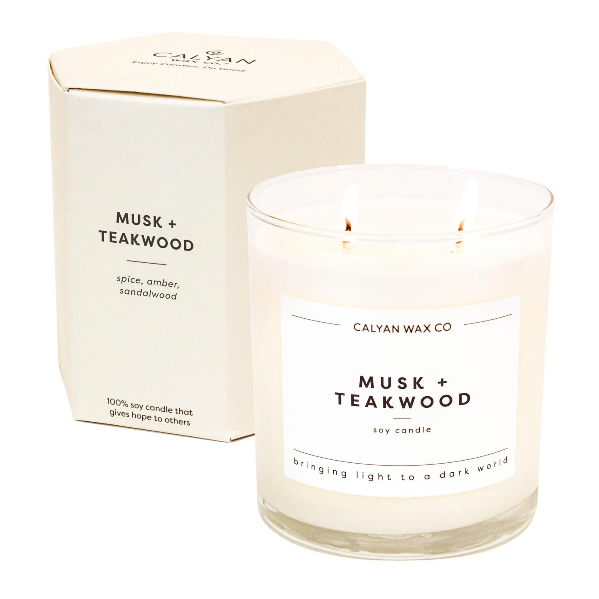 Front view of Calyan Wax Co Musk & Teakwood 2-Wick Candle in 8.8oz glass jar
