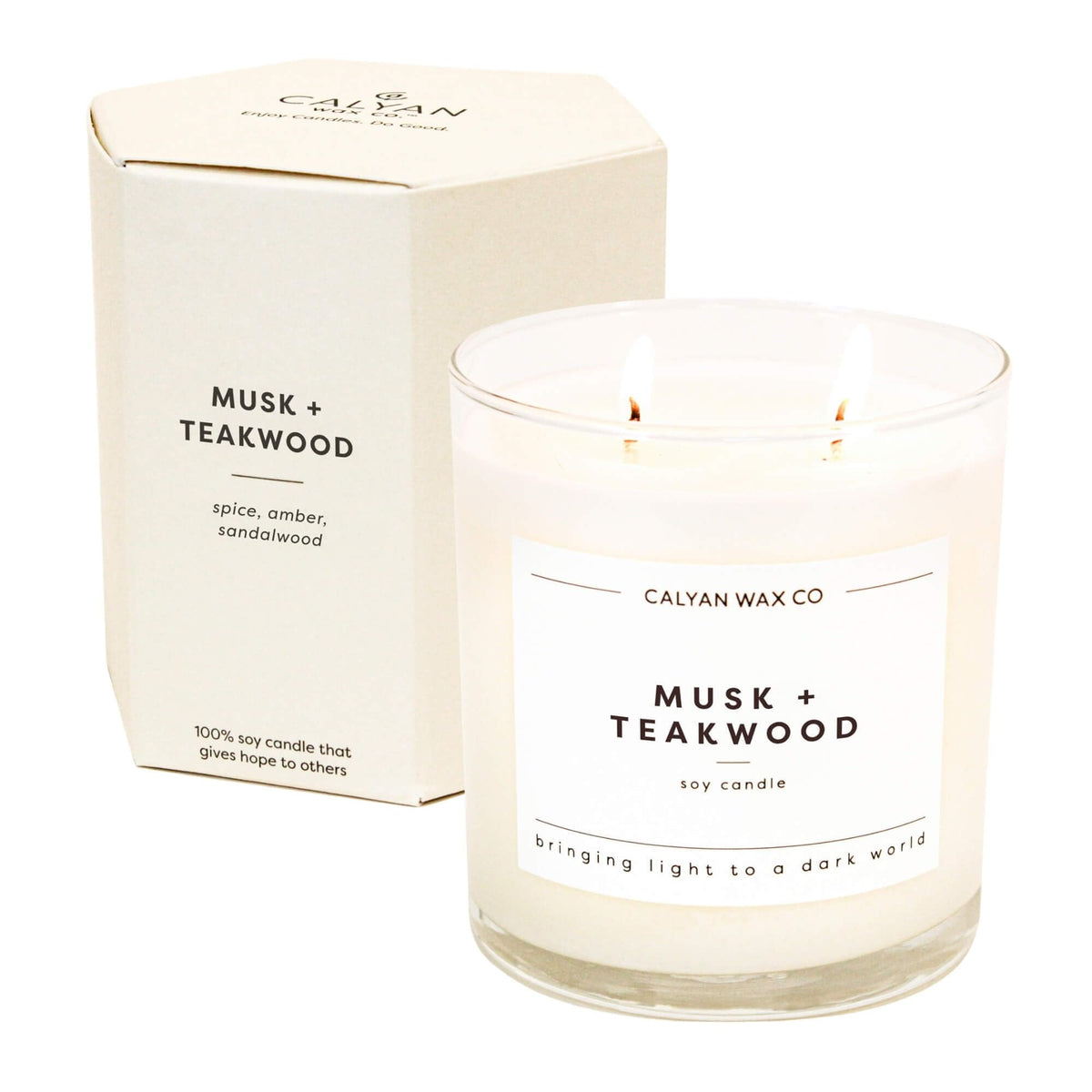 Front view of Calyan Wax Co Musk & Teakwood 2-Wick Candle in 8.8oz glass jar