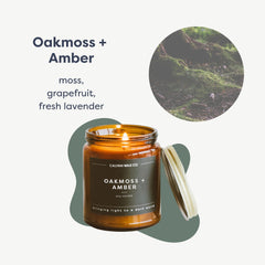 Oakmoss & Amber candle label with Calyan Wax Co branding