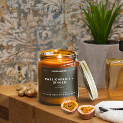 Open jar showing soy wax surface and wick