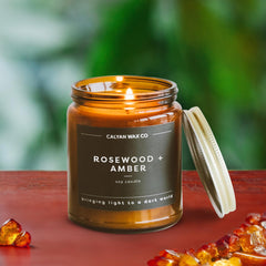 Calyan Wax Co Rosewood and Amber candle label on amber jar