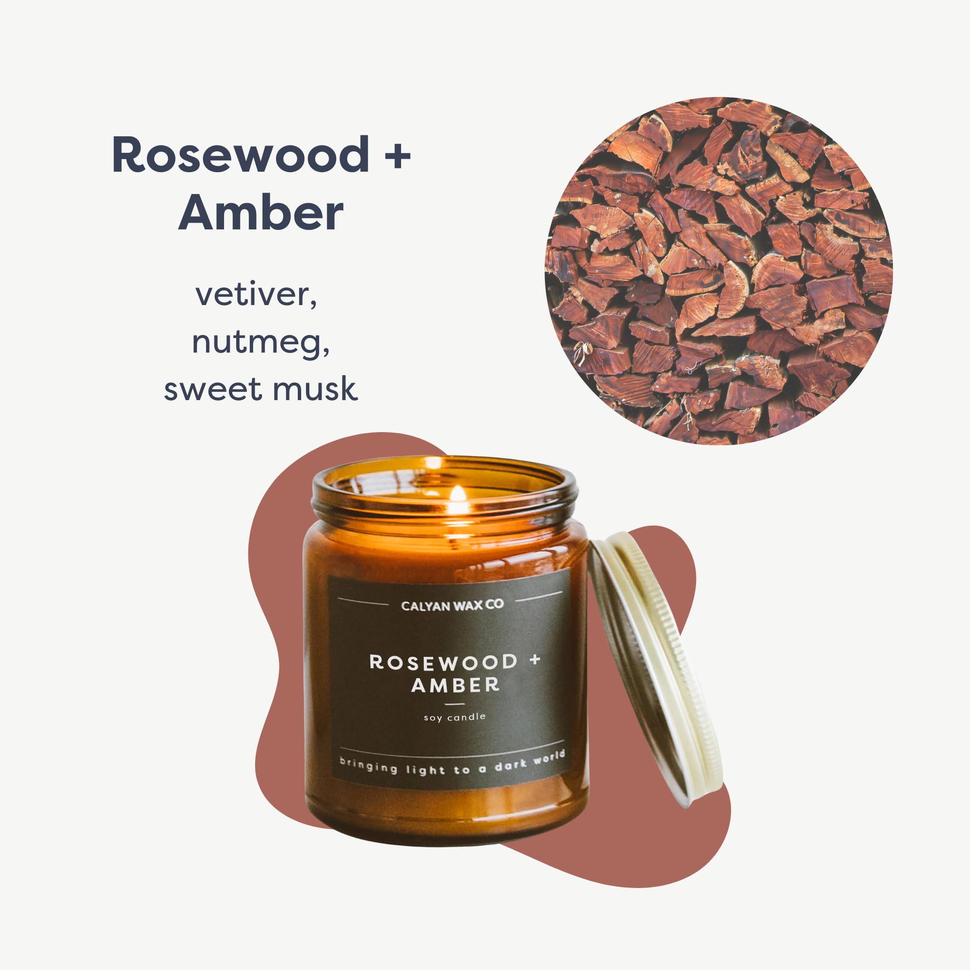 Rosewood and Amber candle side view in amber glass jar