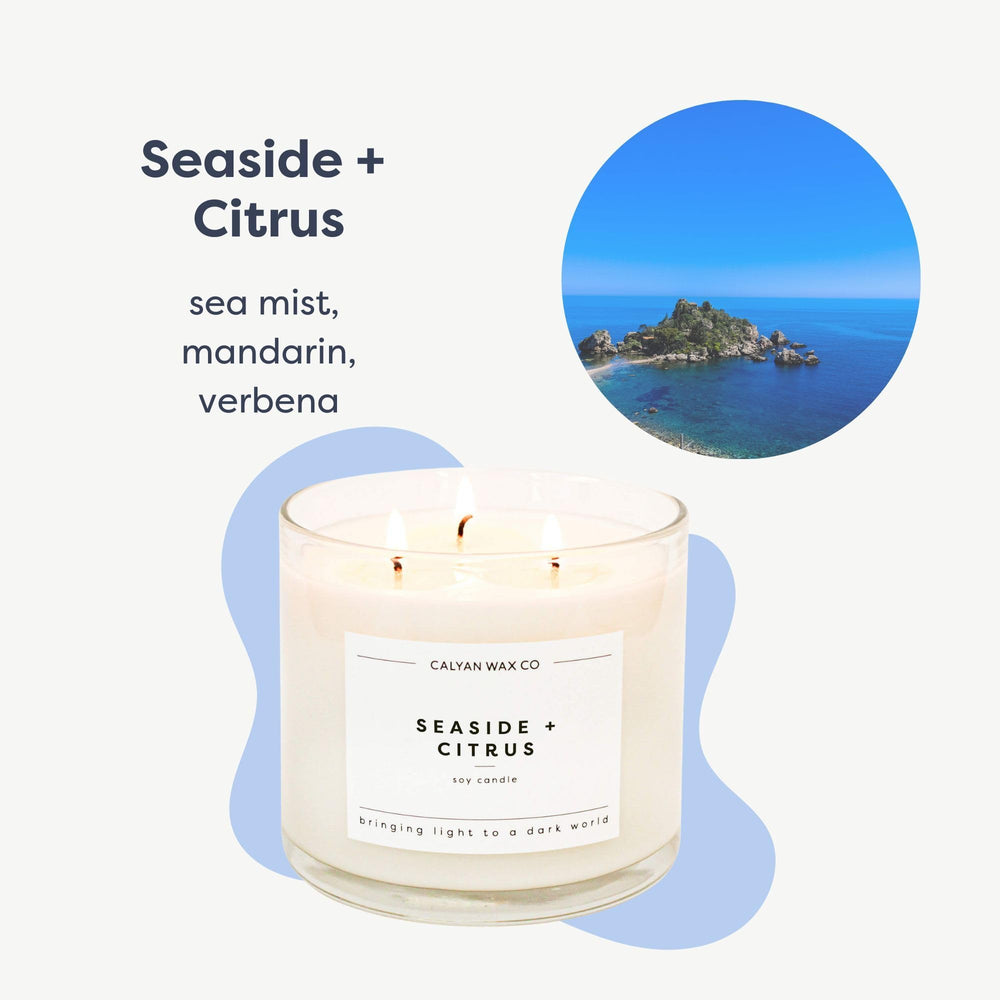 Side view of Seaside & Citrus 14.9oz 3-wick candle