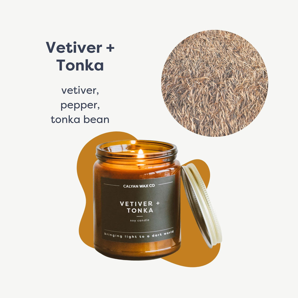 Calyan Wax Co. Vetiver & Tonka candle label on amber jar
