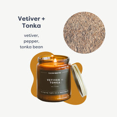 Calyan Wax Co. Vetiver & Tonka candle label on amber jar