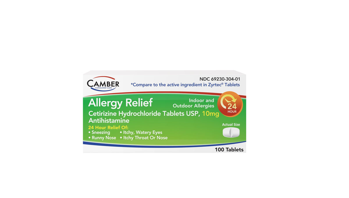 Camber Cetirizine 10mg tablets front view for all-day allergy relief.