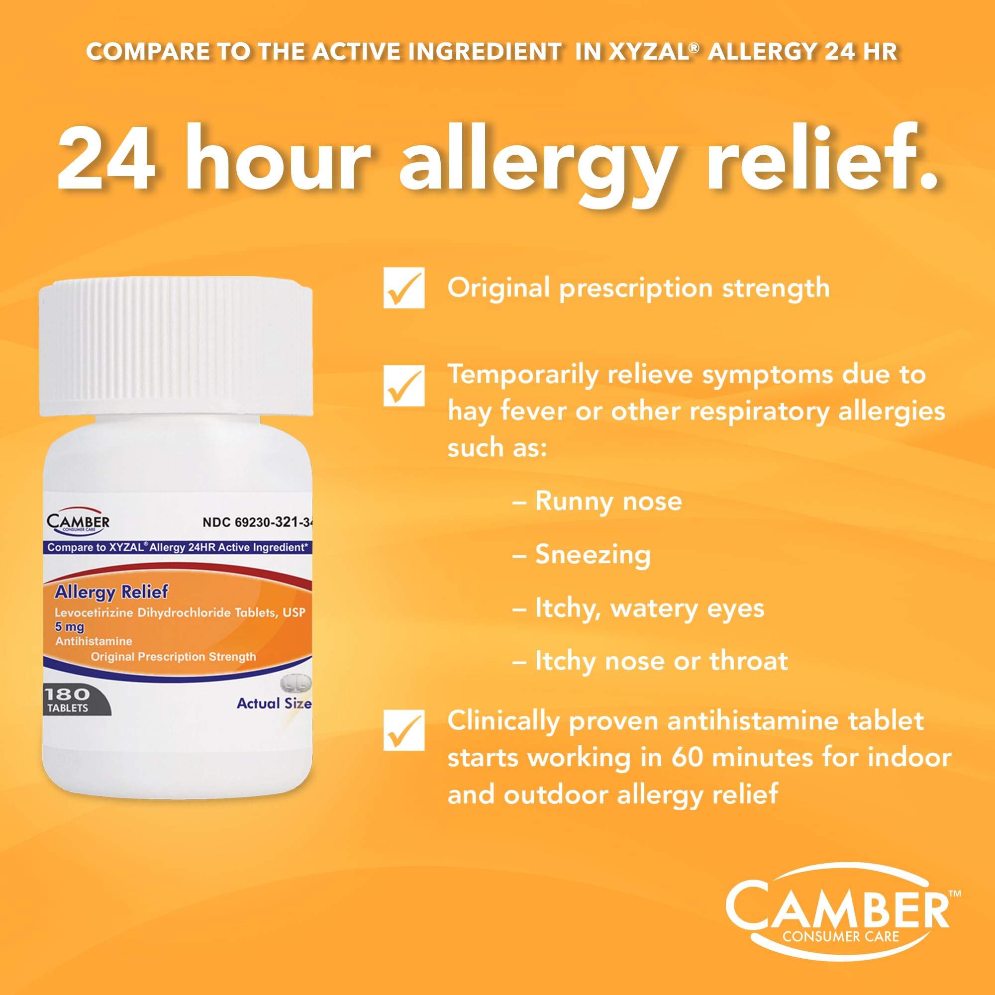 Camber Consumer Care Levocetirizine 5mg bottle label detail showing dosage information for safe dosing.