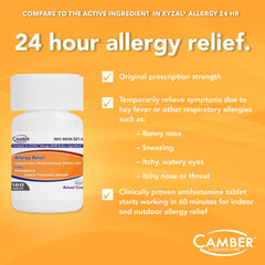 Camber Consumer Care Levocetirizine 5mg bottle label detail showing dosage information for safe dosing.