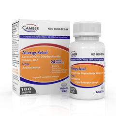 Camber Consumer Care Levocetirizine 5mg tablets bottle front view for all-day allergy relief.