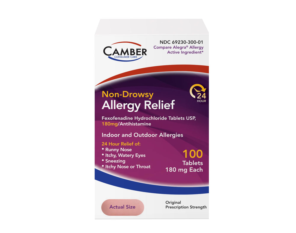Camber Fexofenadine bottle shown for all-day allergy relief.