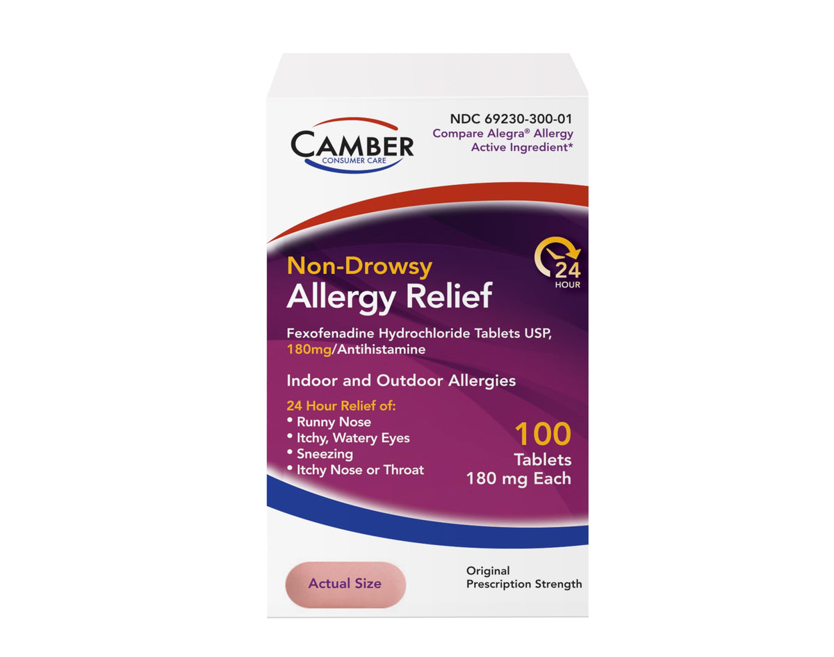 Camber Fexofenadine bottle shown for all-day allergy relief.