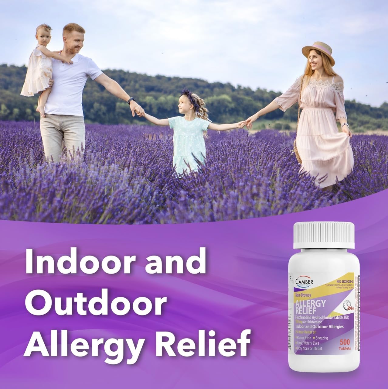 Camber Fexofenadine label comparing Allegra active ingredient.