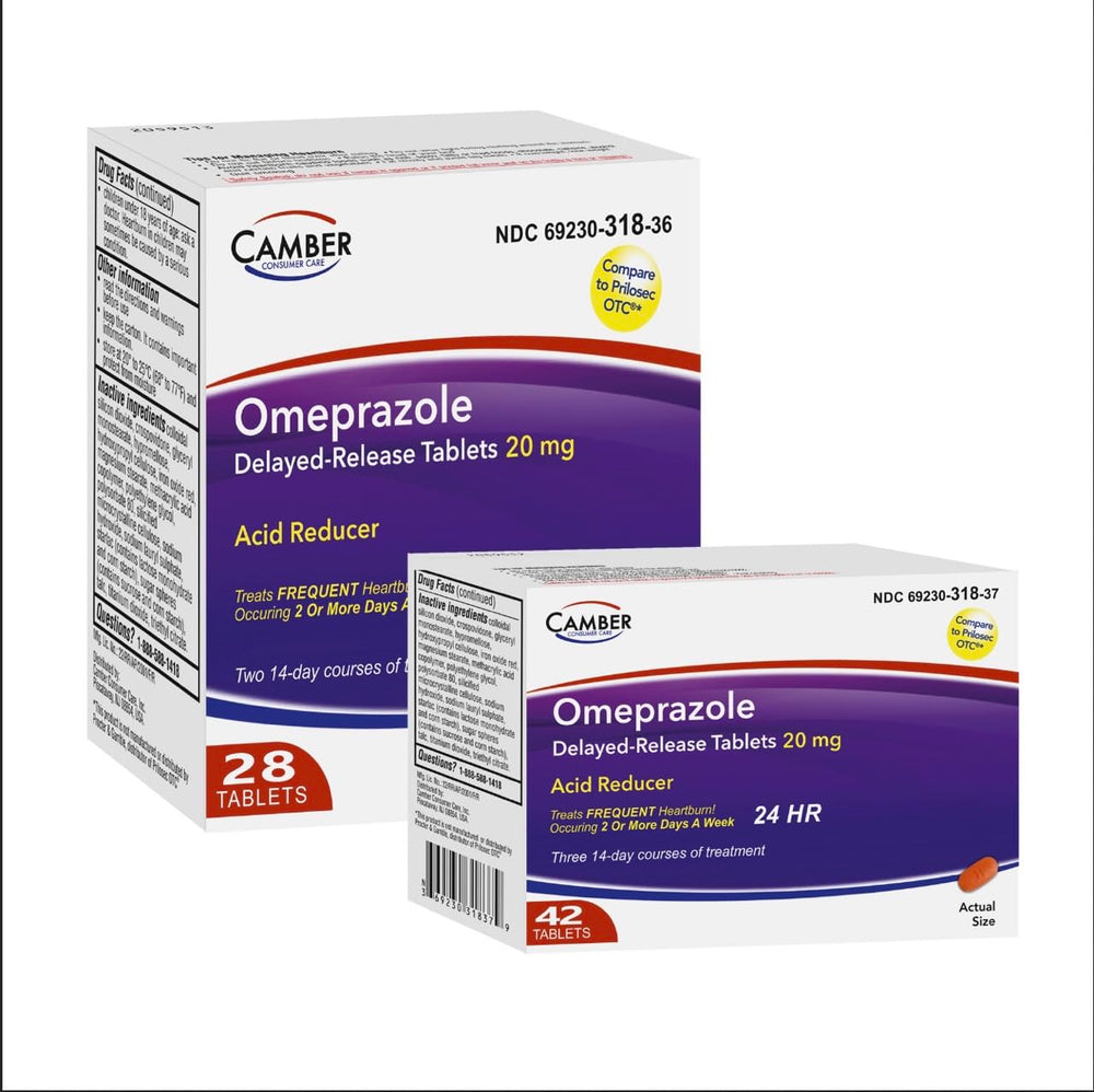 Camber Omeprazole 20mg capsules in hand suggest convenient travel-friendly relief.