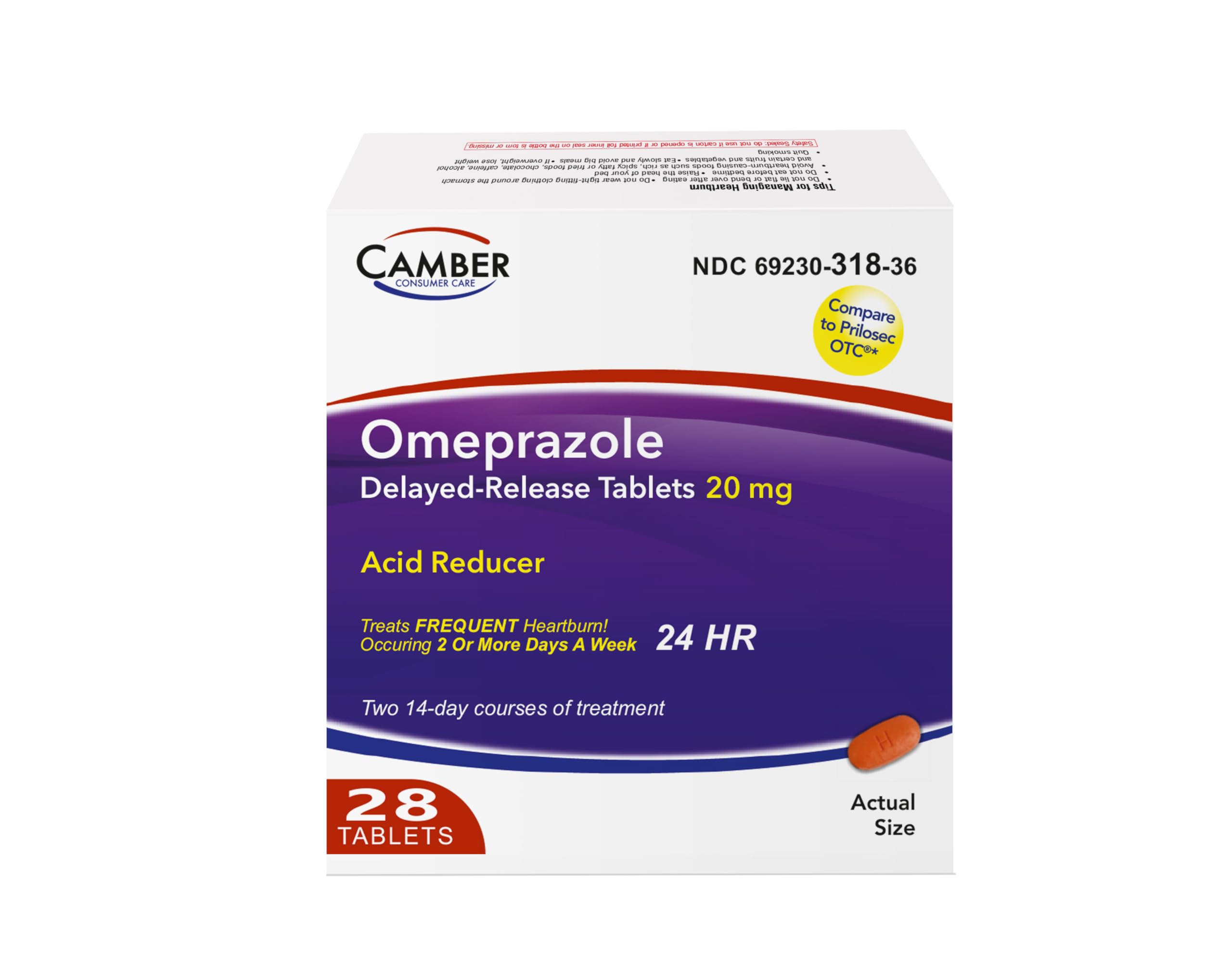 Camber Omeprazole 20mg delayed-release tablets packaging shows a complete 28-count supply.
