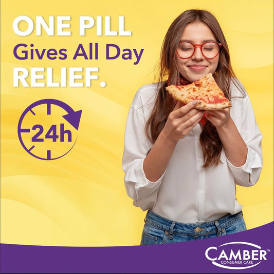 Camber Omeprazole 20mg tablets closeup highlights coated pills ready for acid reduction.