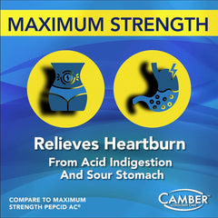 Camber Pharmaceuticals 100-count bottle with label offers convenient long-lasting acid relief.