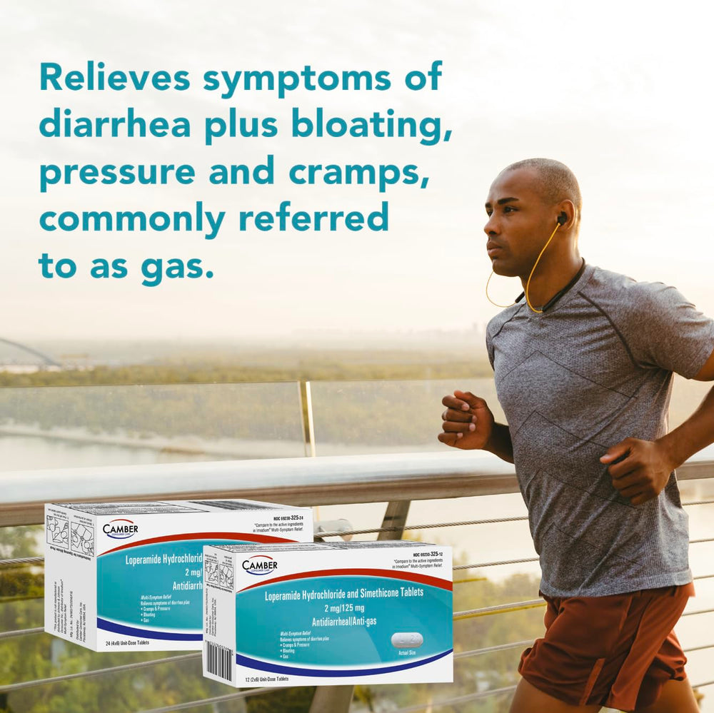Camber Pharmaceuticals 24-count bottle shown for at-home and travel relief.