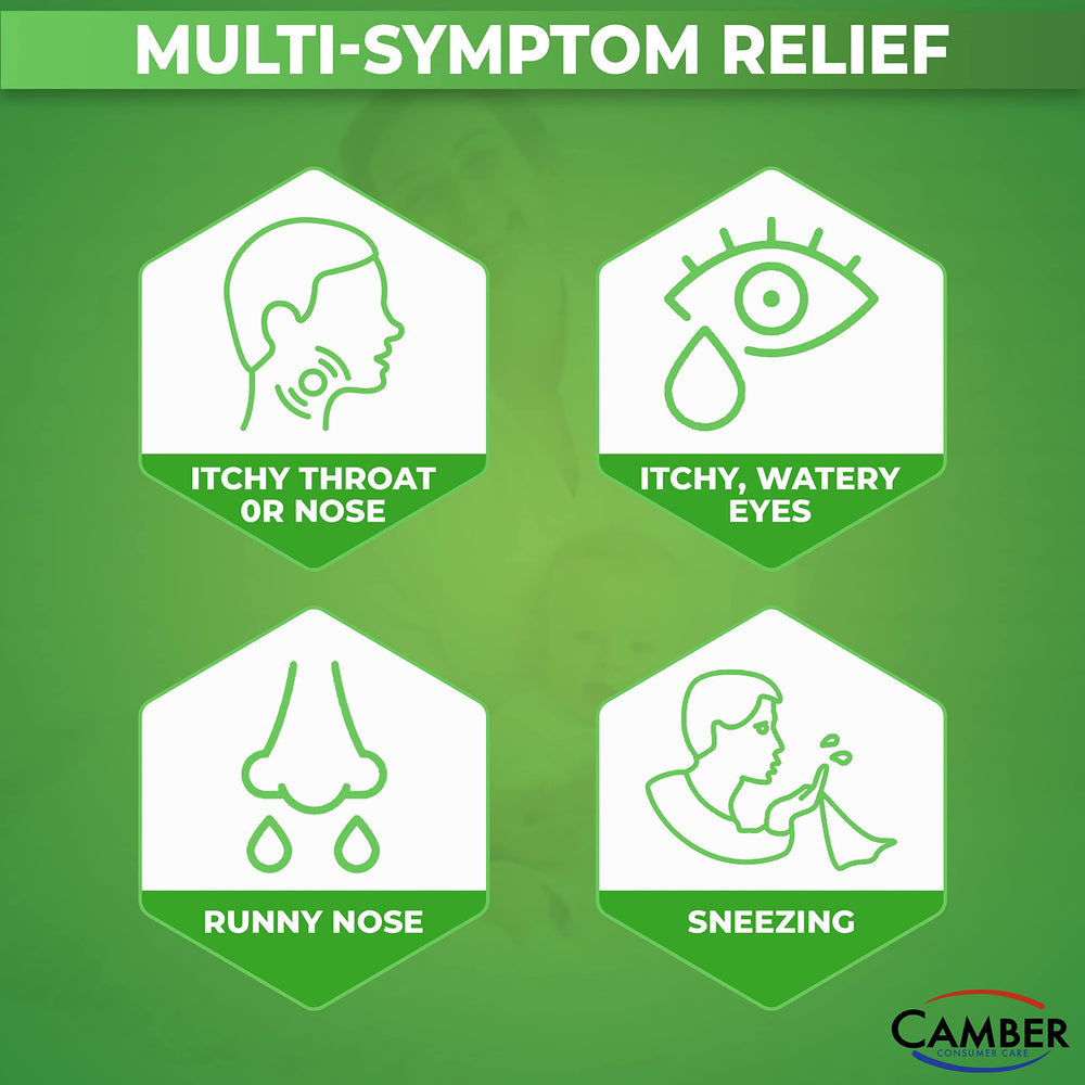Camber Pharmaceuticals cetirizine 10mg bottle packaging shows easy dosing for 24-hour relief.