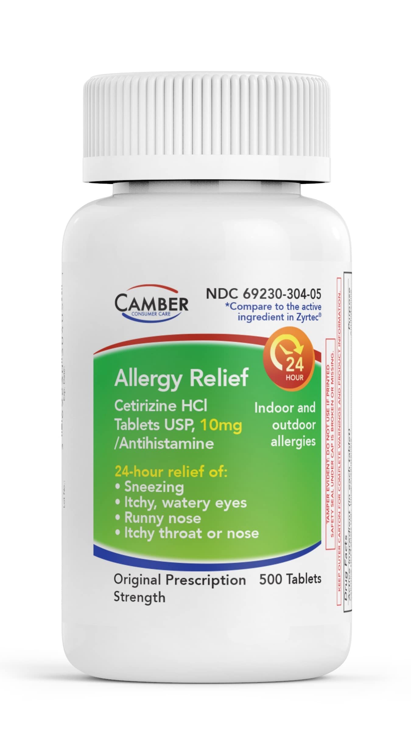 Camber Pharmaceuticals cetirizine 10mg tablets front label for all-day allergy relief.